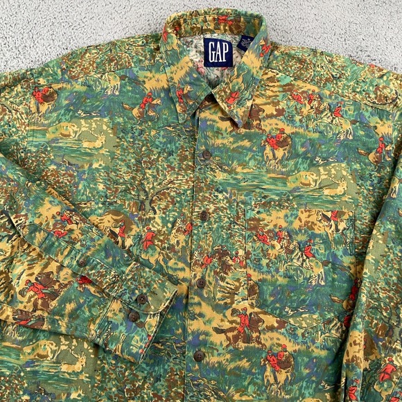 VINTAGE GAP Shirt Mens Medium Horse Equestrian Hunting All Over Print 90s Casual - Picture 1 of 10